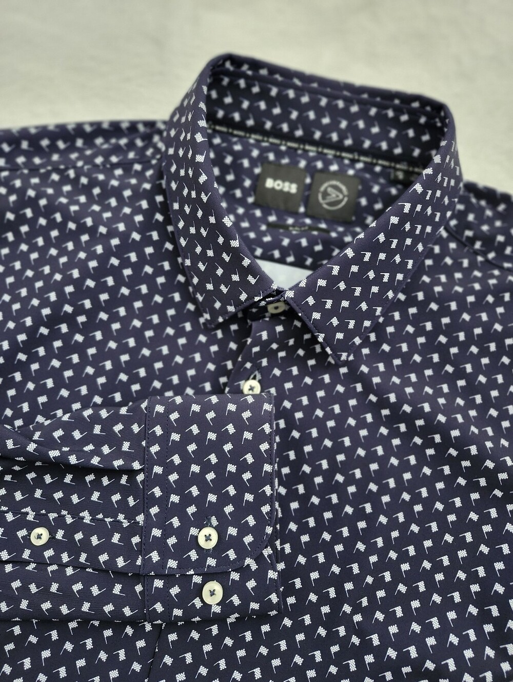 BOSS Men's Performance Stretch Dress‎ Shirt Navy Racing Flag XXL Slim Fit NWT